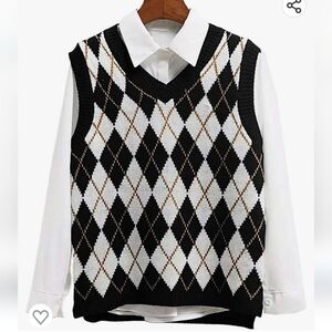 Lailezou V Neck Knit Argyle Plaid Preppy Style Sweater Vest in Black Size S